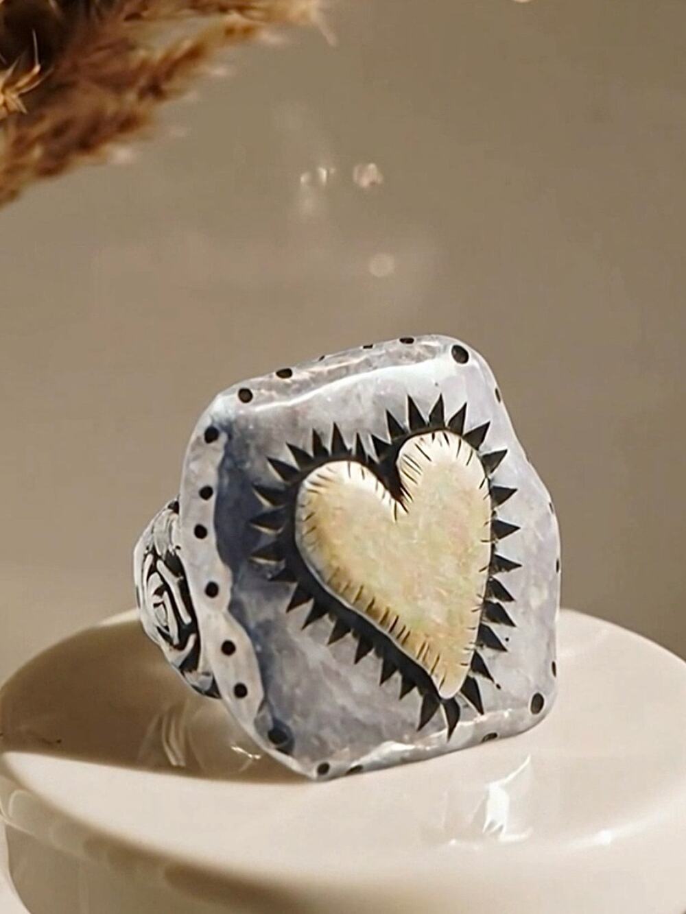 Stainless Steel Two Tone Heart Statement Ring Western Boho Vintage Chic
